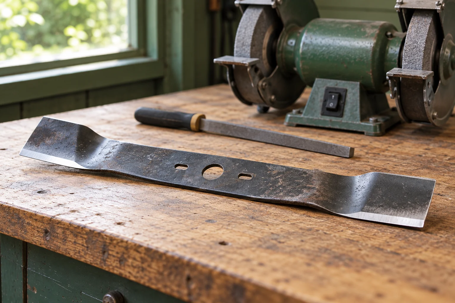Detached mower blade with sharpened edges beside a hand file and bench grinder
