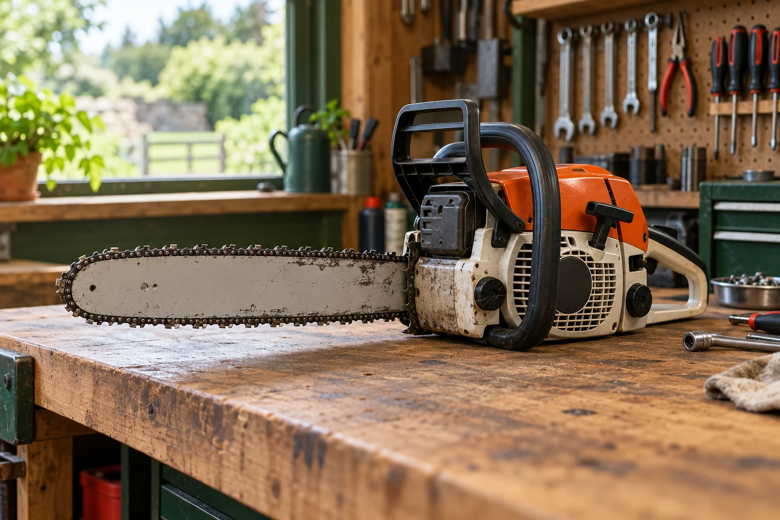 Chainsaw with its guide bar and chain resting on a wooden workshop bench
