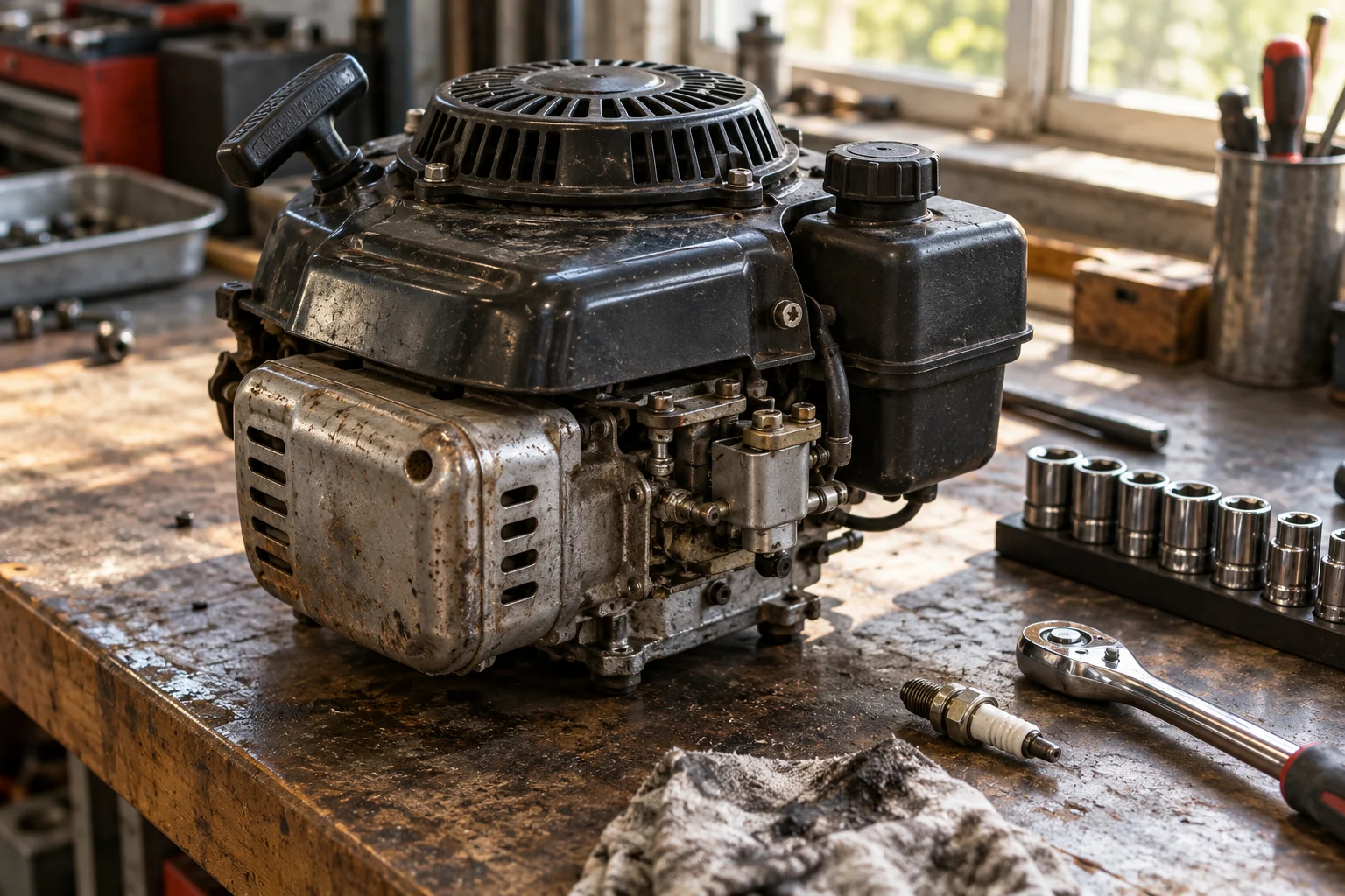Small petrol engine with its carburettor visible beside workshop tools