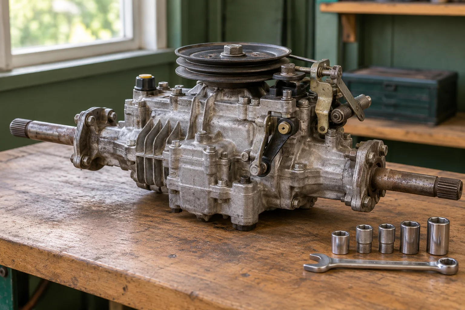 Ride-on mower transmission with axle shafts and a drive pulley on a workshop bench