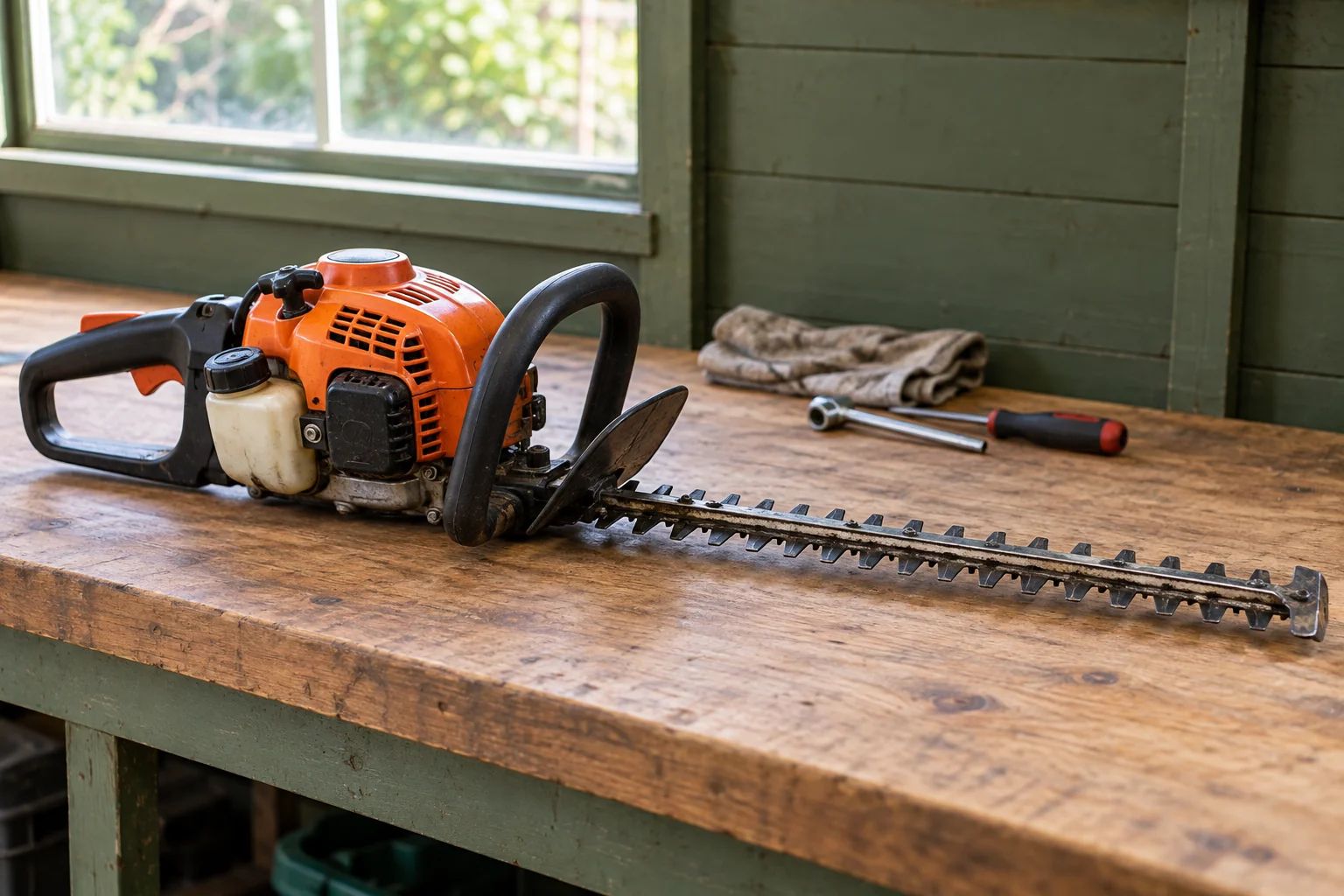 Petrol hedge trimmer with its toothed cutter bar laid across a wooden workbench