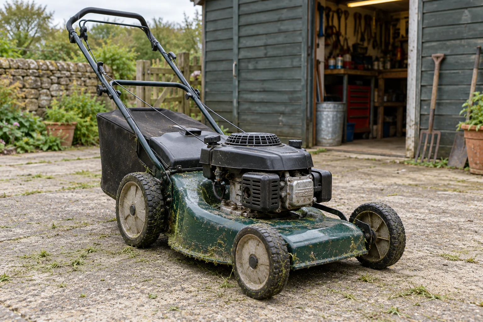 Petrol lawn mower with a grass collection bag outside a garden workshop
