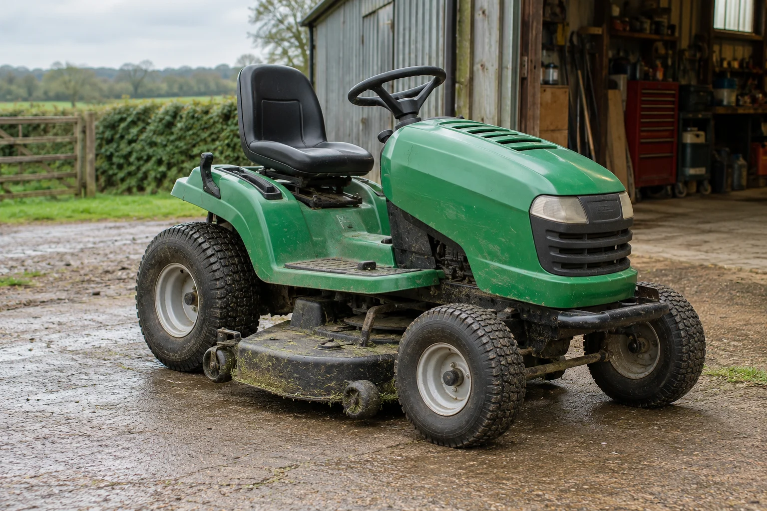 Green ride-on mower with its cutting deck visible outside a workshop