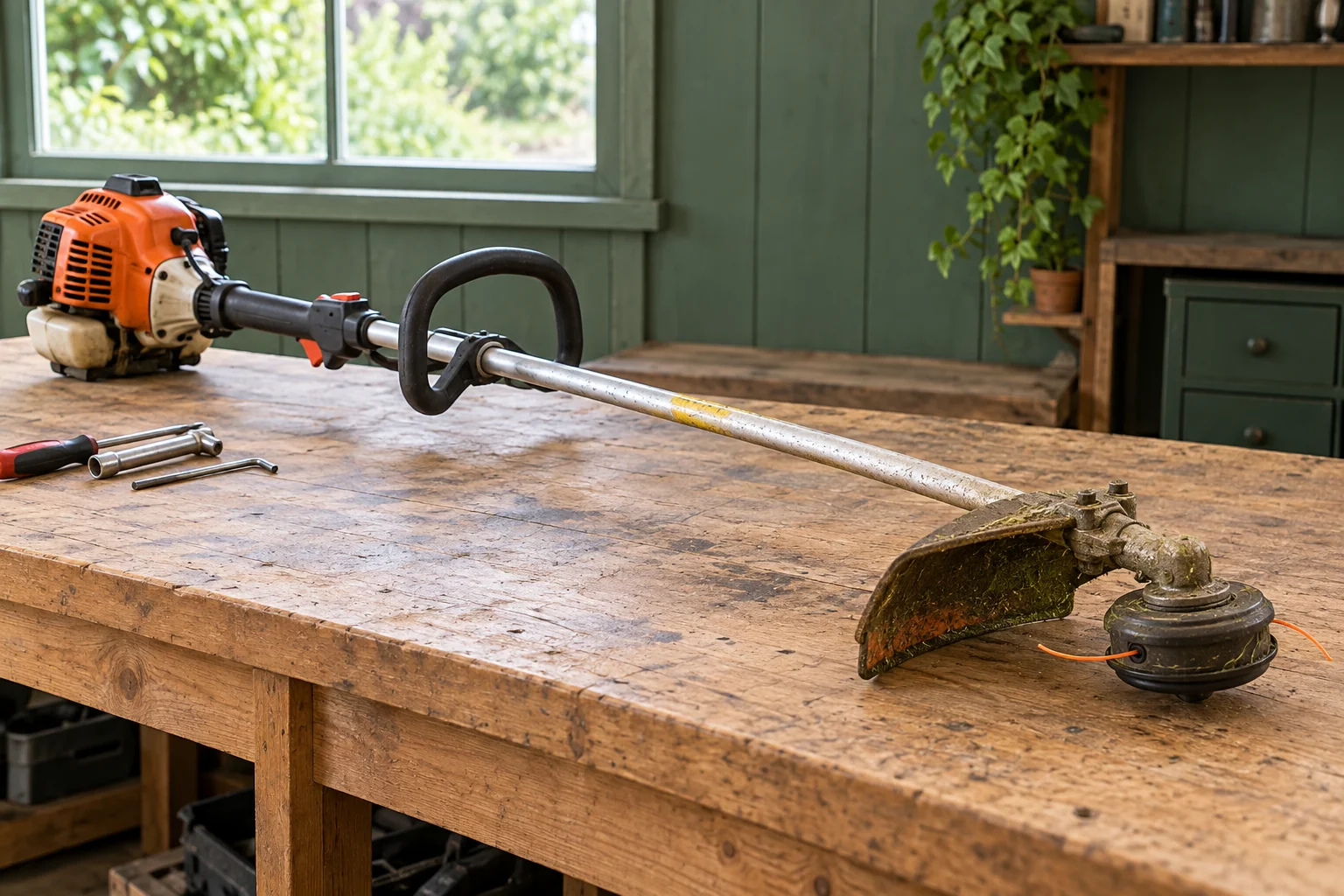 Petrol strimmer with a loop handle and nylon cutting head resting on a workshop bench